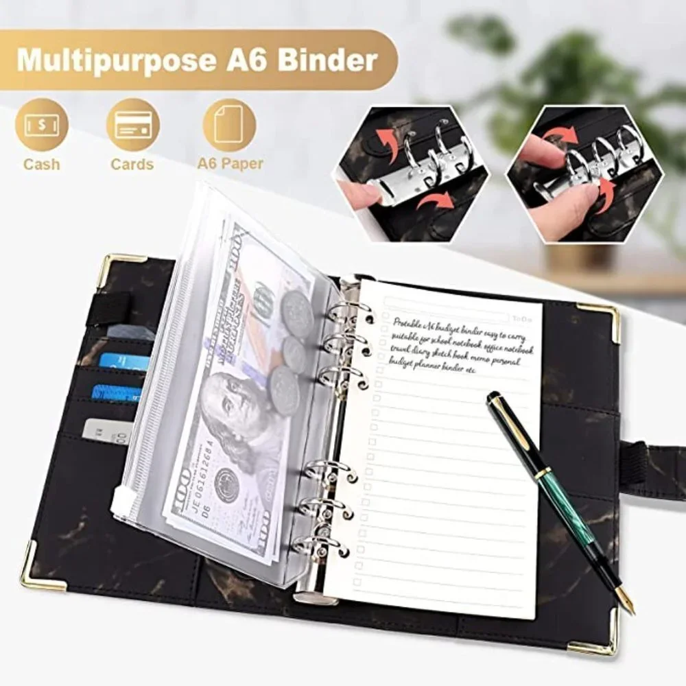 A6 Black Leather Marble Budget Binder, Refillable Magnetic Buckle Closure